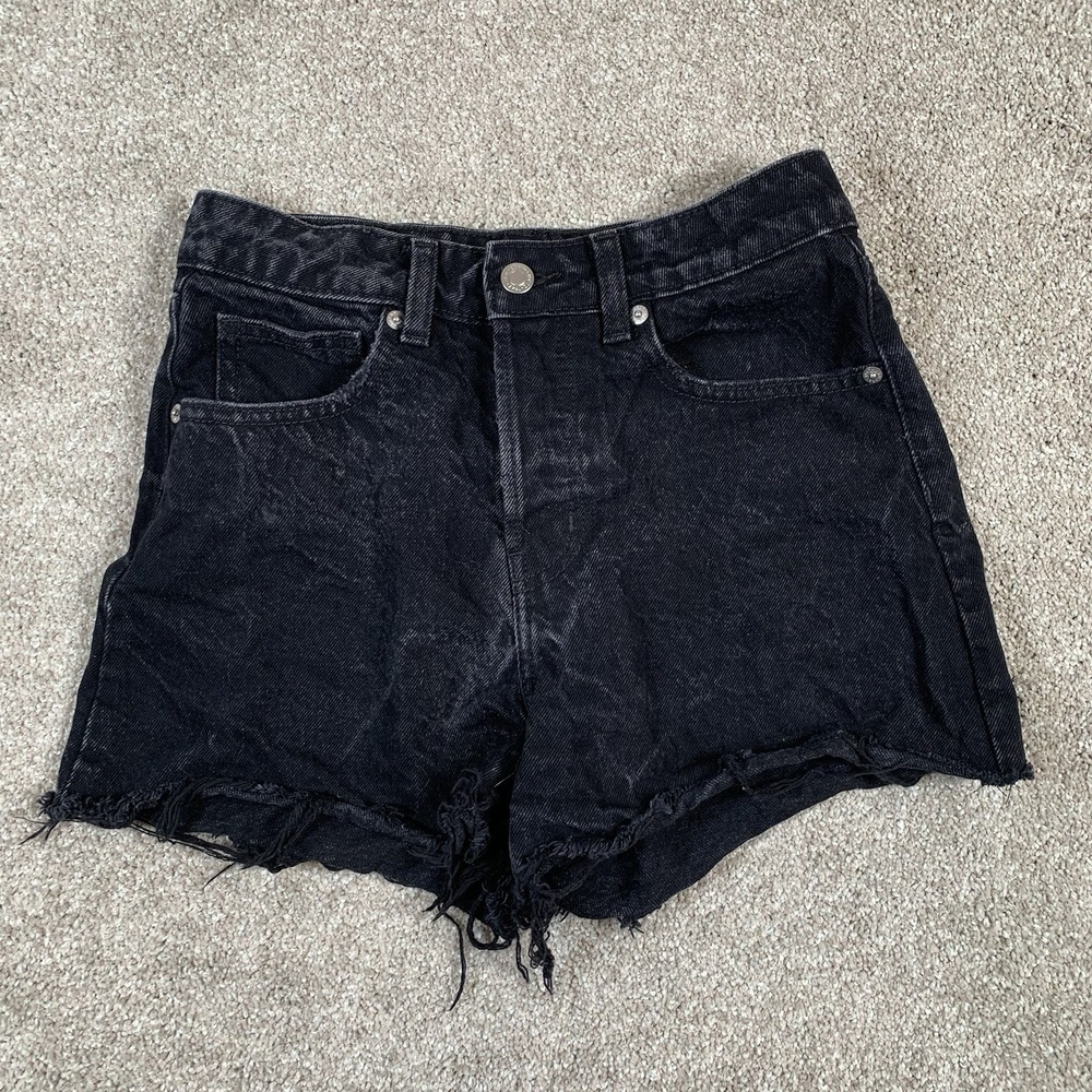 H&M Women's Black Wash Button Fly High Rise Distressed Cutoff Raw Hem Shorts 2